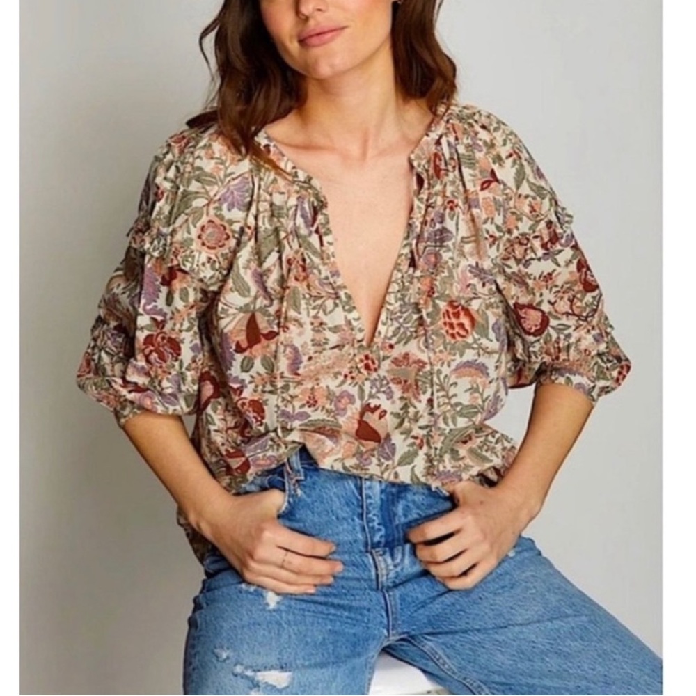 Anthropologie Love The Label Floral Peasant Boho Balloon Puff Sleeve Top Small